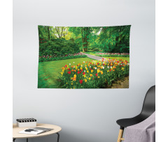 Garden with Tulips Trees Wide Tapestry