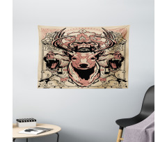 Floral Skull and Wolves Wide Tapestry