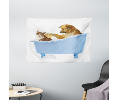 Dog and Cat in Bathtub Wide Tapestry