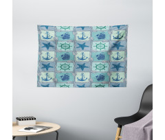 Ships Wheel Turquoise Wide Tapestry