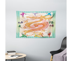 Colorful Dragon and Samurais Wide Tapestry