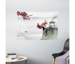Cherry Blossoms and Boat Wide Tapestry
