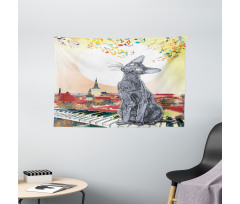 City Skyline Kitty Piano Wide Tapestry