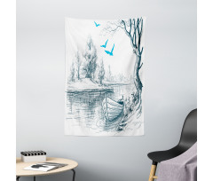 Boat on River Drawing Tapestry