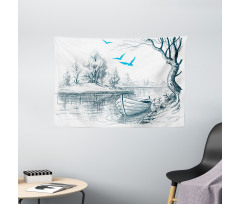 Boat on River Drawing Wide Tapestry