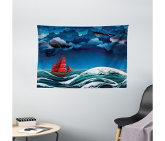 Cartoon Ship on Waves Wide Tapestry