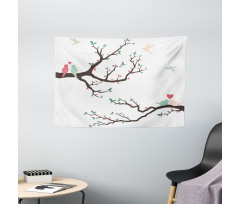 Retro Birds on Tree Branch Wide Tapestry