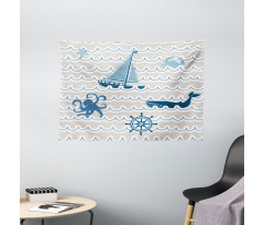 Cartoon Ship Whale Waves Wide Tapestry
