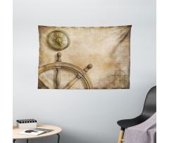 Wooden Wheel Compass Wide Tapestry