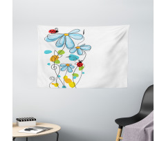 Cartoon Ladybugs Flowers Wide Tapestry