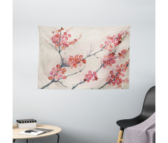 Vintage Sakura Flowers Wide Tapestry