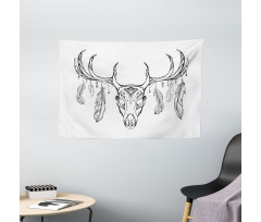 Skull with Antler Feather Wide Tapestry