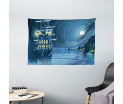 Cartoon Pirate Ship Moon Wide Tapestry