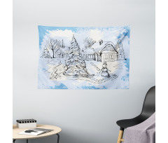 Sketchy Cold Snowy Scene Wide Tapestry