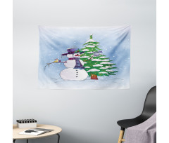 Snowman and Tree Wide Tapestry