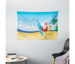 Santa on Beach Surf Wide Tapestry