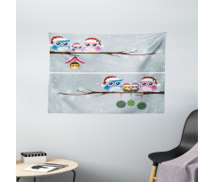 Owls with Santa Hats Wide Tapestry