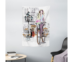 Lady Rides Bicycle Roses Tapestry