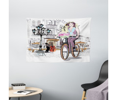 Lady Rides Bicycle Roses Wide Tapestry