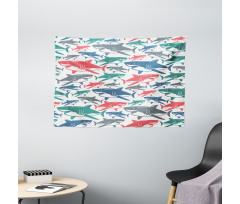 Colorful Shark Patterns Wide Tapestry
