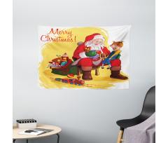 Kid and Santa Gifts Wide Tapestry
