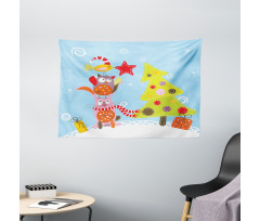Cartoon Style Cat Owl Wide Tapestry