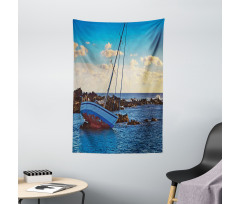 Yacht on Rocks Harbor Tapestry