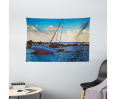 Yacht on Rocks Harbor Wide Tapestry