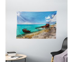 Ship Wreck on Beach Wide Tapestry