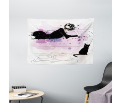 Girl and Cat Wide Tapestry