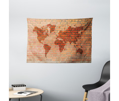 World Map on Brick Wall Wide Tapestry