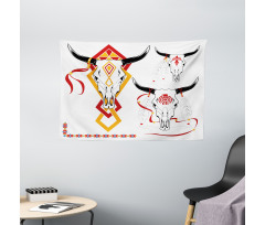 Bulls Head with Feather Wide Tapestry