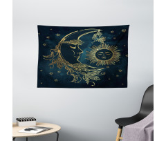 Moon with Boho Feathers Wide Tapestry