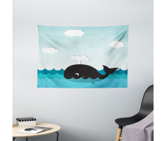 Whale in Wavy Ocean Wide Tapestry