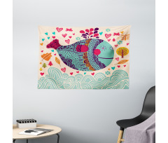 Colorful Whales Plants Wide Tapestry