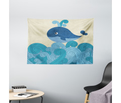 Smiley Whale and Lines Wide Tapestry