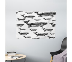 Hand Drawn Big Whales Wide Tapestry