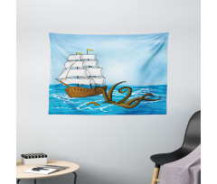 Ship in Waves and Kraken Wide Tapestry