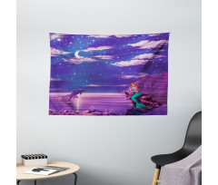 Cartoon Style Dolphins Wide Tapestry