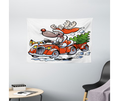 Reindeer in Red Car Wide Tapestry