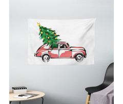 Retro Car Xmas Tree Wide Tapestry