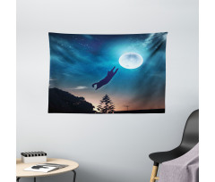Cat Catching Moon Stars Wide Tapestry