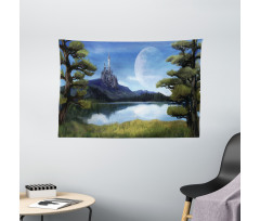 Riverside Lake Scene Wide Tapestry