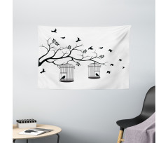 Birds Flying to Cages Wide Tapestry