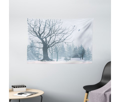 Snowy Forest Trees Birds Wide Tapestry