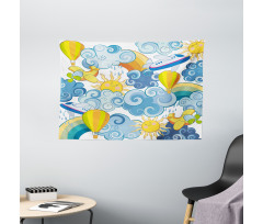 Sun Airplanes and Balloons Wide Tapestry