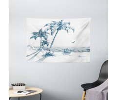 Palm Tree Boat Sketch Wide Tapestry
