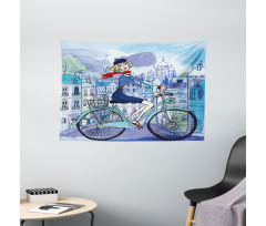 Woman on Bicycle with Cat Wide Tapestry