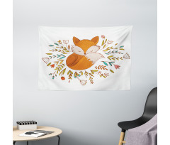 Baby Fox Flowers Wide Tapestry