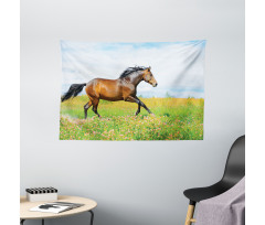 Horse Rural Flowers Wide Tapestry